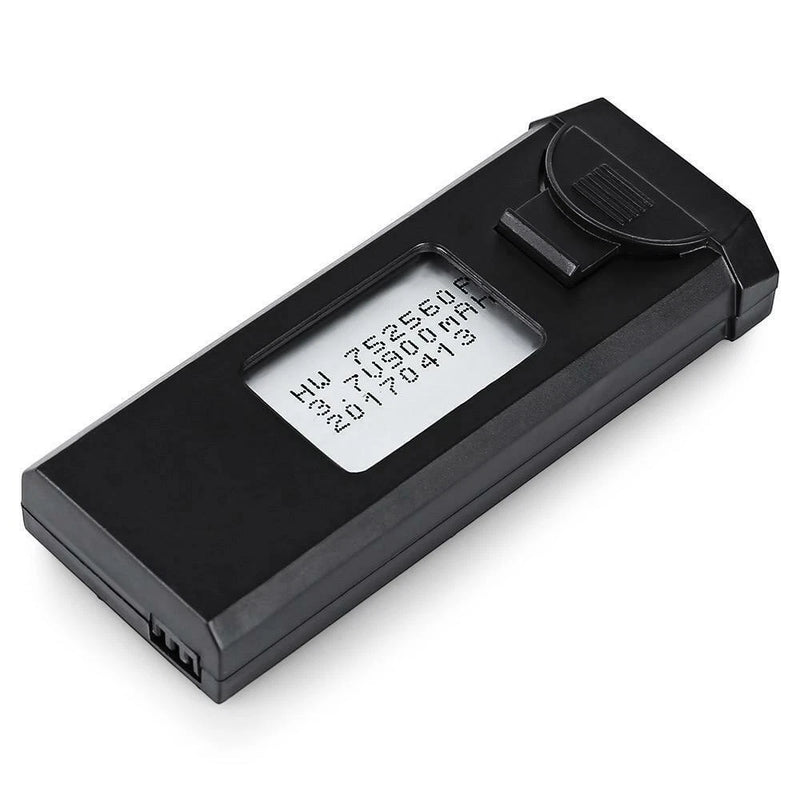 Black 3.7V 900mAh drone battery pack with label and connector terminals