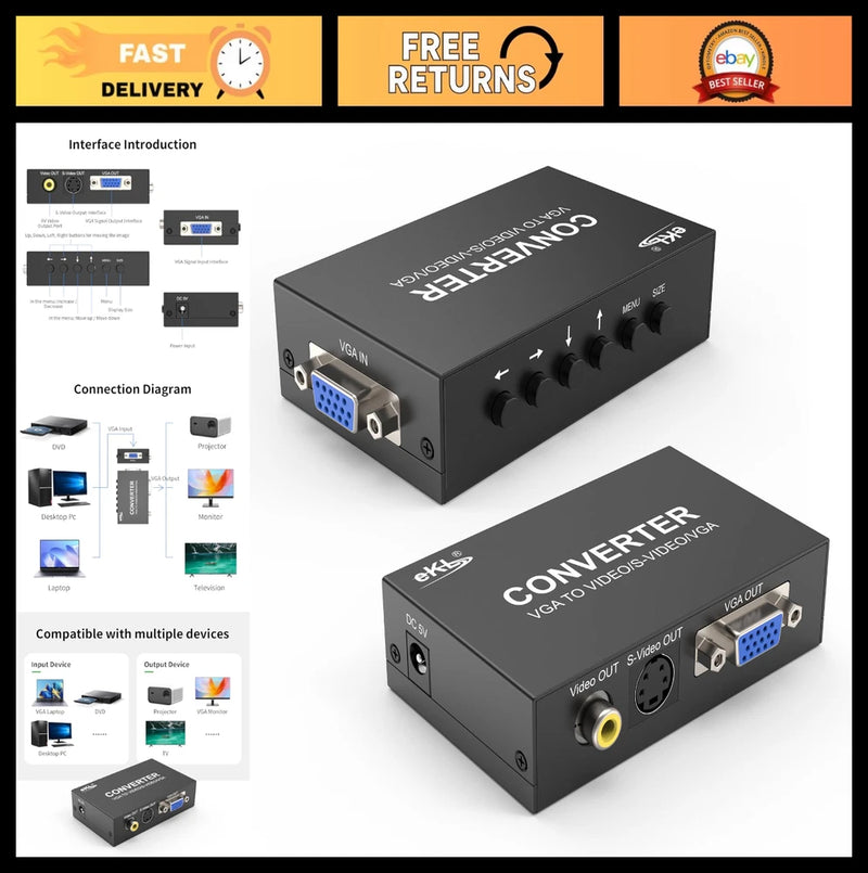 VGA to AV Adapter Converter Box - VGA Input to RCA S-Video Output for TV/Project