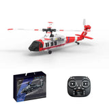 RC helicopter RTF with white and red body and black skids, plus remote controller and box