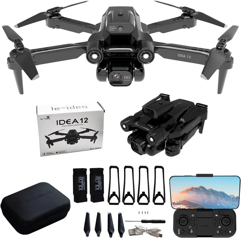 Foldable black quadcopter drone with front camera and four propellers, with remote and case