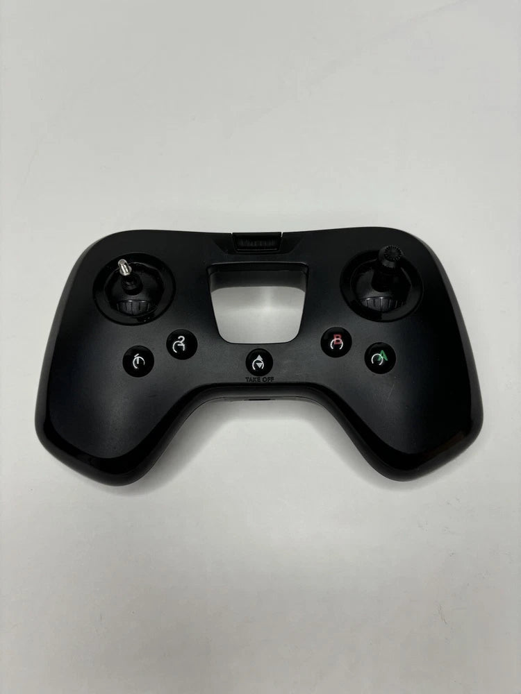 Black drone controller with two thumbsticks and multiple control buttons
