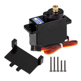 Black steering servo mount bracket with wiring, gold output, and mounting screws