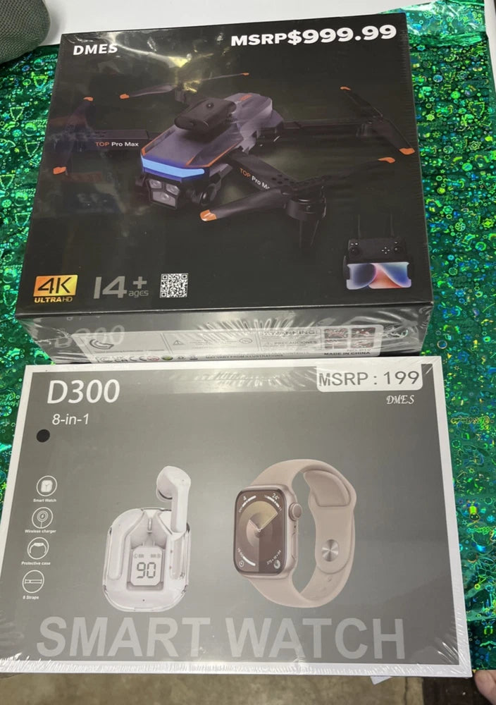 Drone and smart watch bundle boxes, showing 8-in-1 drone and smartwatch packaging