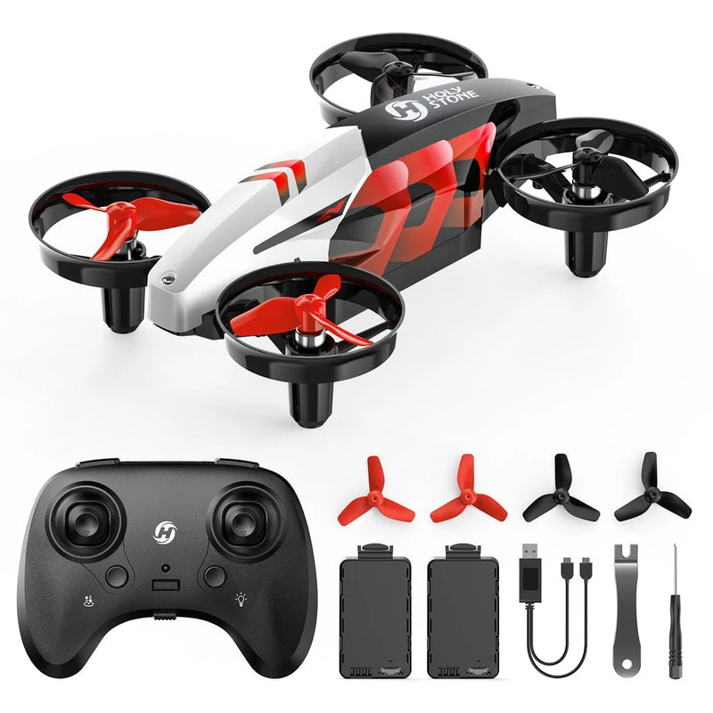 Red and white mini indoor drone with black controller, spare propellers, and charging cables