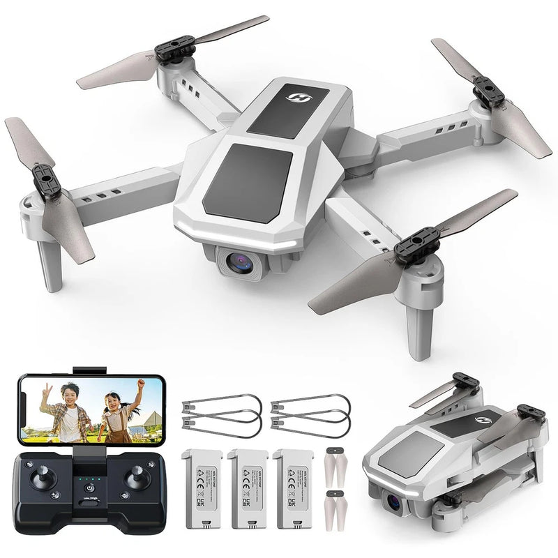 White quadcopter drone with foldable propellers, controller, and spare batteries