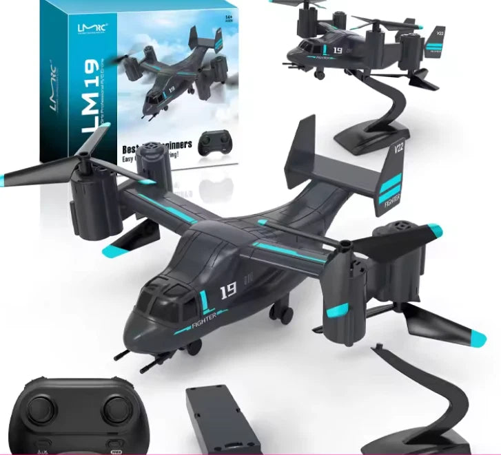 Remote control fighter helicopter toy, dark gray with teal details and controller