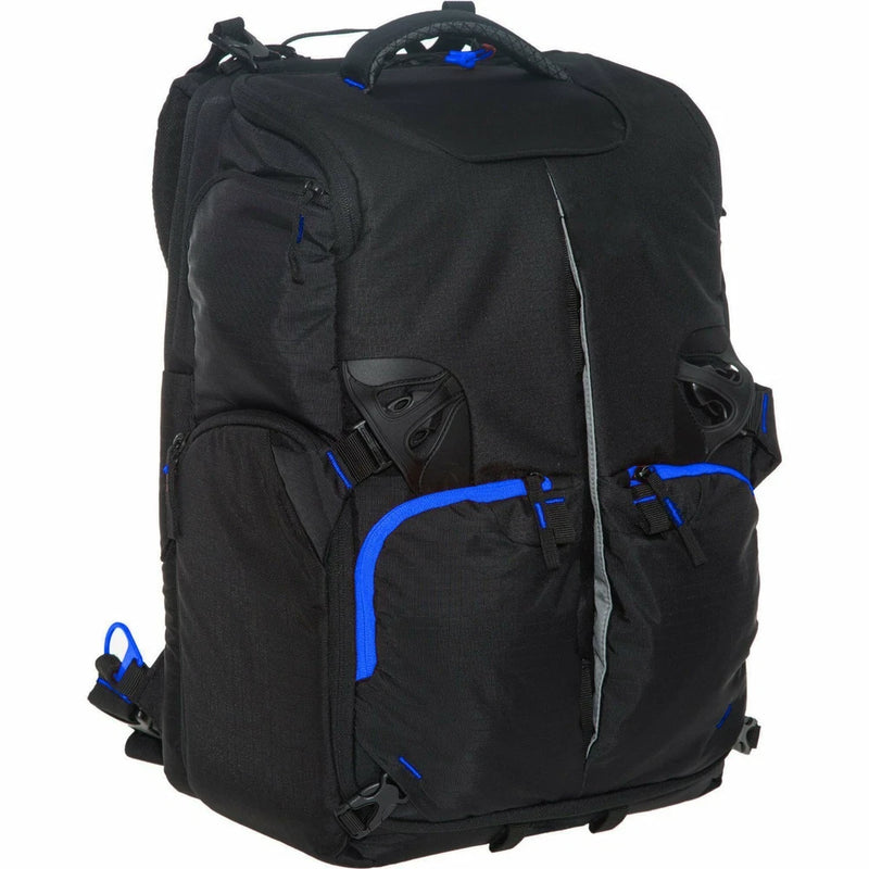 Padded black backpack with blue accents, front zip pocket, and adjustable shoulder straps