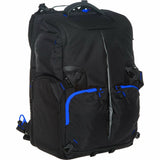 Padded black backpack with blue accents, front zip pocket, and adjustable shoulder straps