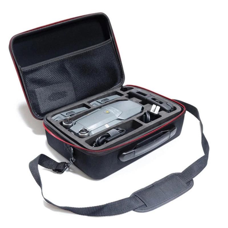 Hard-shell drone shoulder bag case with foam insert, open view, dark with red trim