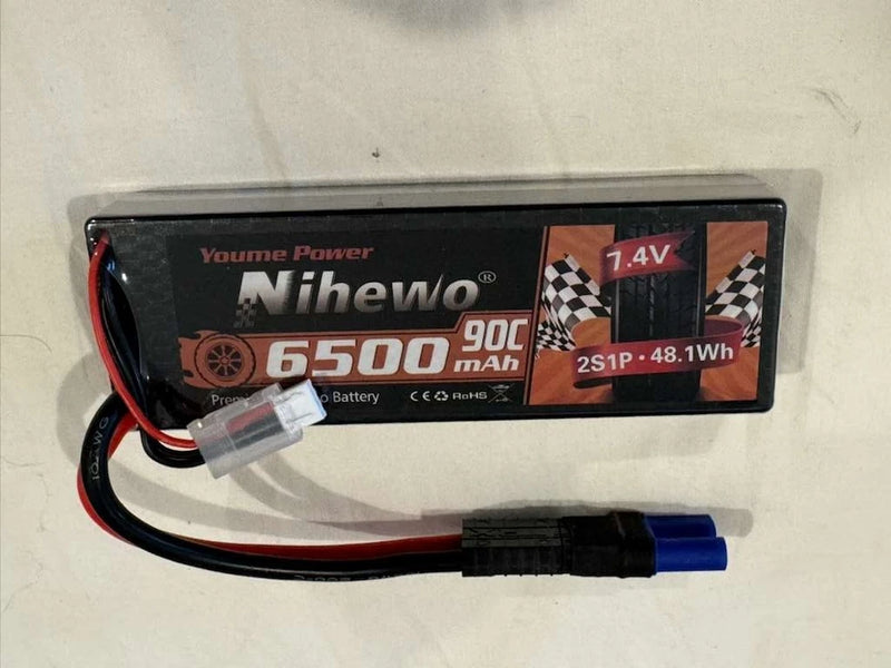RC 2S LiPo battery pack 7.4V 6500mAh 90C with red/black leads and connector