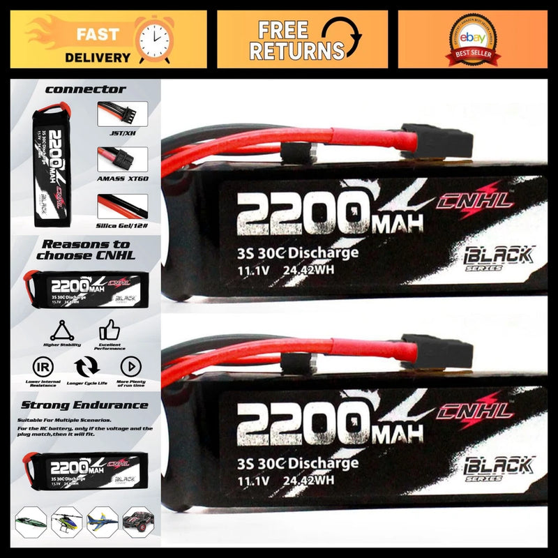 2200mAh 3S LiPo Battery 11.1V 30C XT60 Plug - Dual Pack for RC Drones & Cars Battery