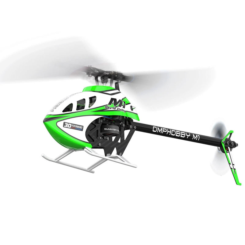 Green and white 3D RC helicopter with black rotor head, tail boom, and landing skids