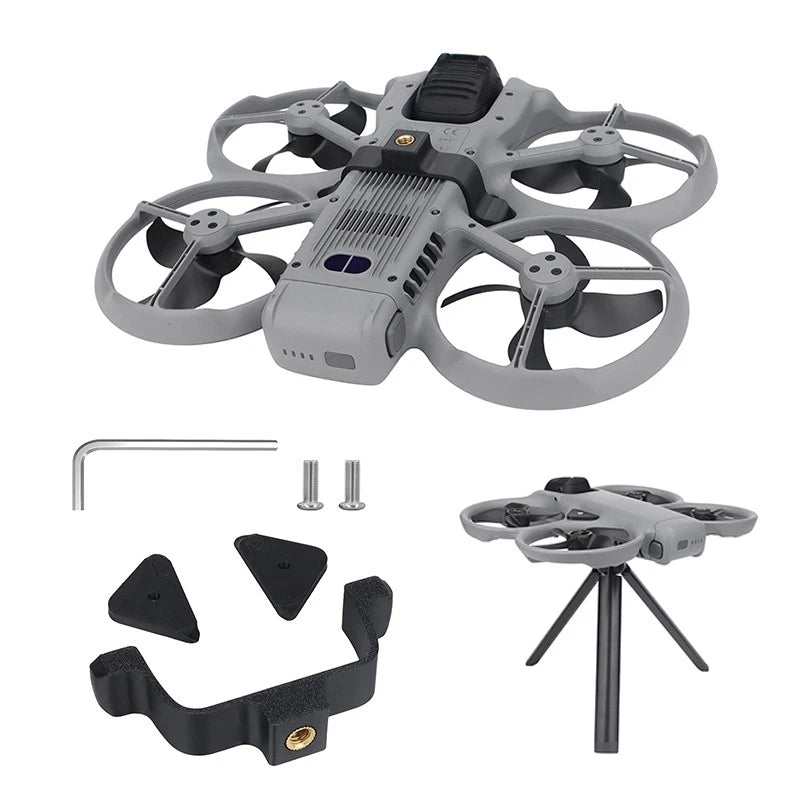 Gray drone tripod adapter bracket with mounting arms and screws, accessory parts set