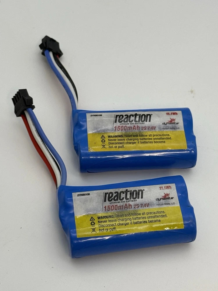 2x DYNB0108 Dynamite Reaction 7.4V 1500mAh 2S Horizon Hobby Battery 11.1Wh (TWO) Battery