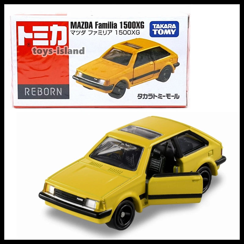 Yellow die-cast toy car model with black wheels and front grille detail