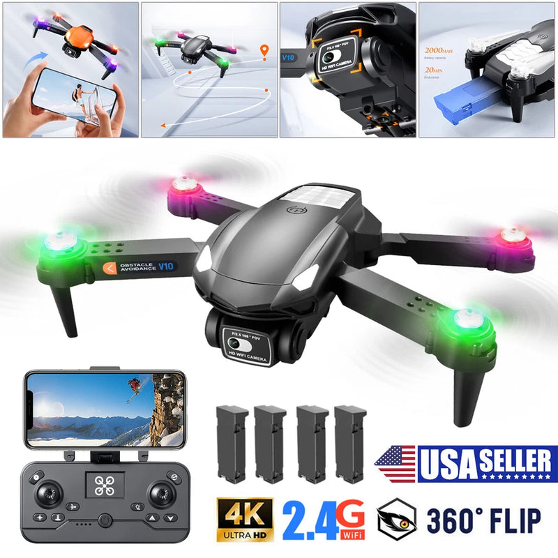 Foldable gray quadcopter RC drone with LED lights, controller, phone, and 4 extra batteries