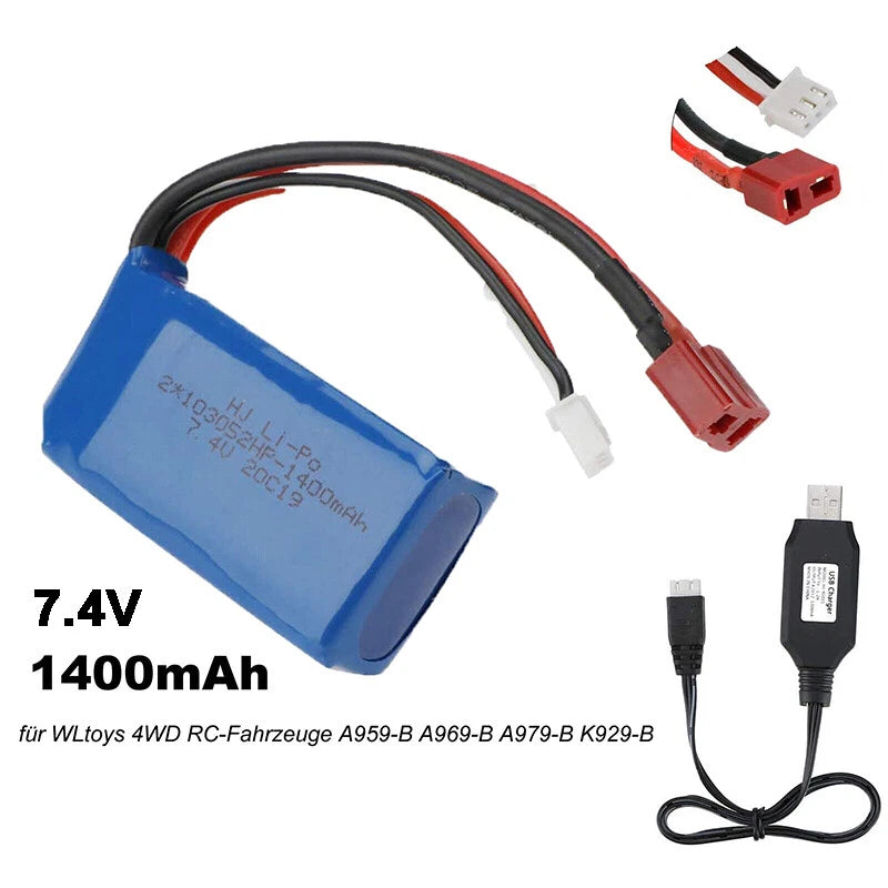7.4V 1400mAh RC LiPo battery with USB charger cables and connectors