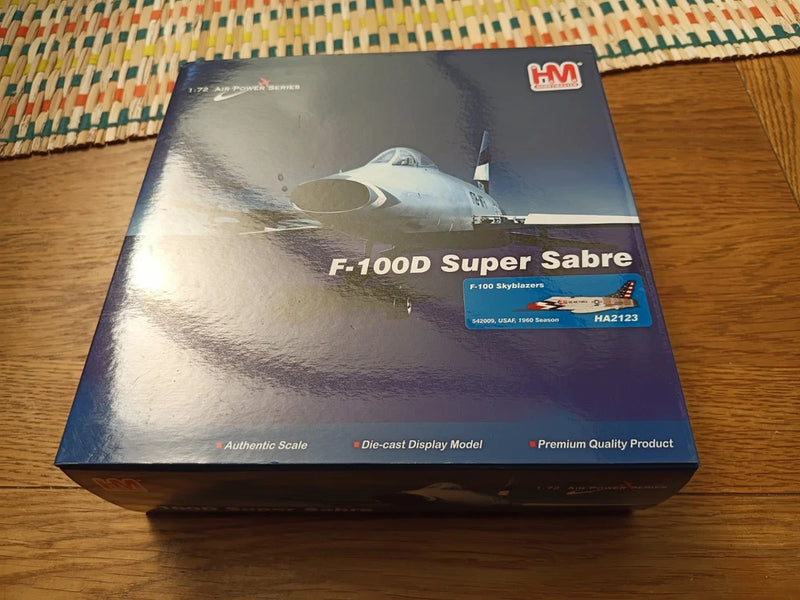 Die-cast F-100D Super Sabre aircraft model in retail display box with artwork