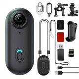 Mini body camera with wide lens, black design, includes straps and USB charging cable