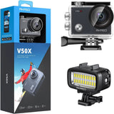 AKASO V50X action camera with underwater LED light, front and side views