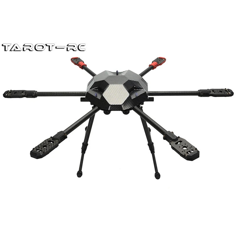 Hexacopter drone with ABS canopy, black arms and red motors, Tarot-rc logo