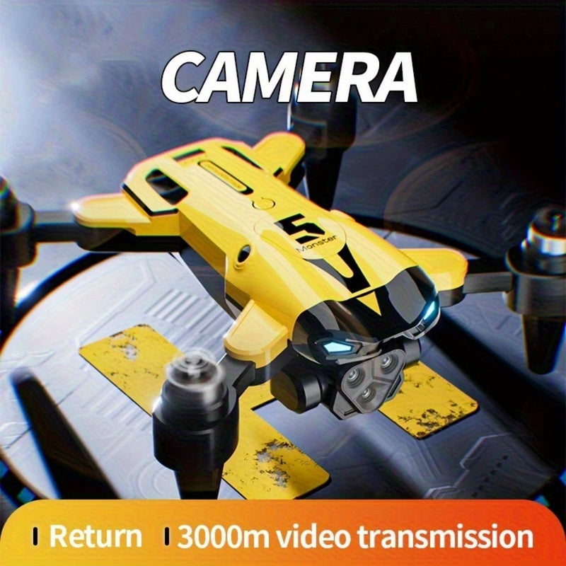 Yellow kids quadcopter drone with triple camera and four propellers