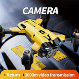 Yellow kids quadcopter drone with triple camera and four propellers