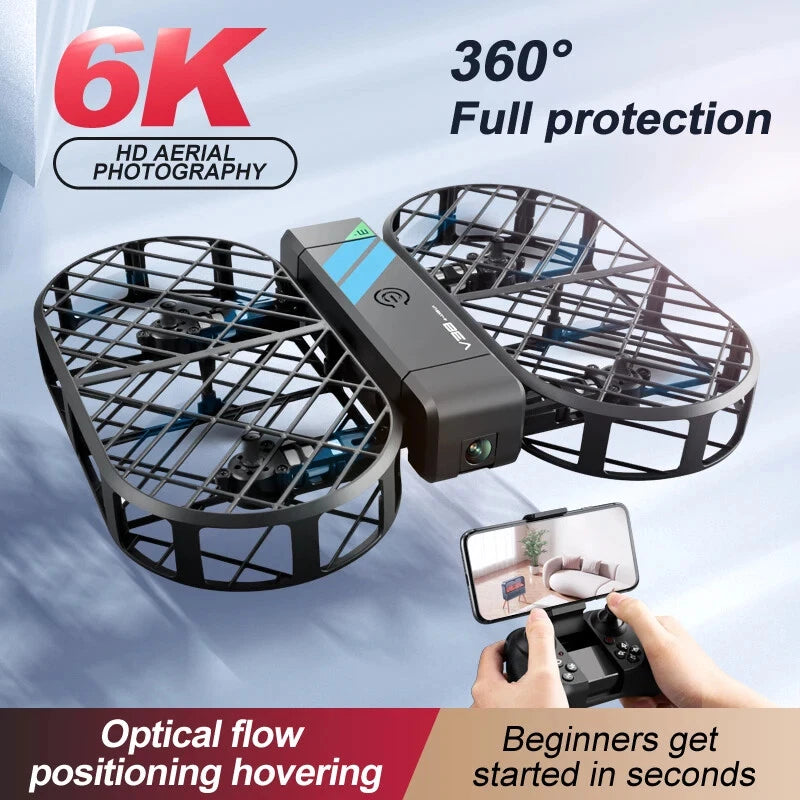 Foldable dark quadcopter drone with four rotors and pocket remote controller