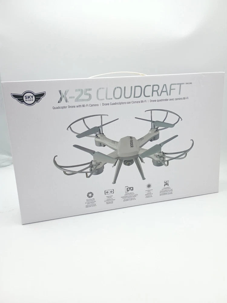 Quadcopter drone product box with Wi-Fi camera illustration, gray X-25 Cloudcraft