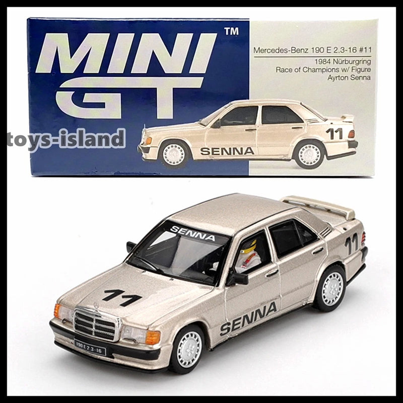 Die-cast Mercedes-Benz 190E Ayrton Senna #11 model car, light beige with decals