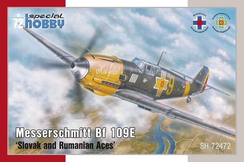 72-scale Bf 109E aircraft model box art, yellow and gray fighter plane
