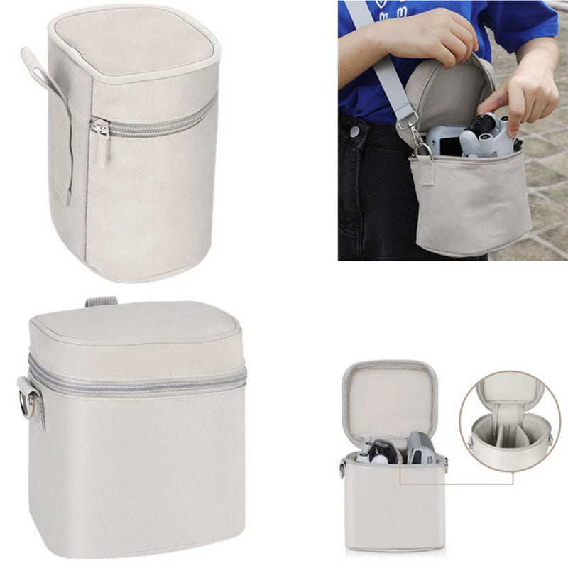 Waterproof cylindrical storage bag pouch, light gray fabric, zip closure and carry loop.