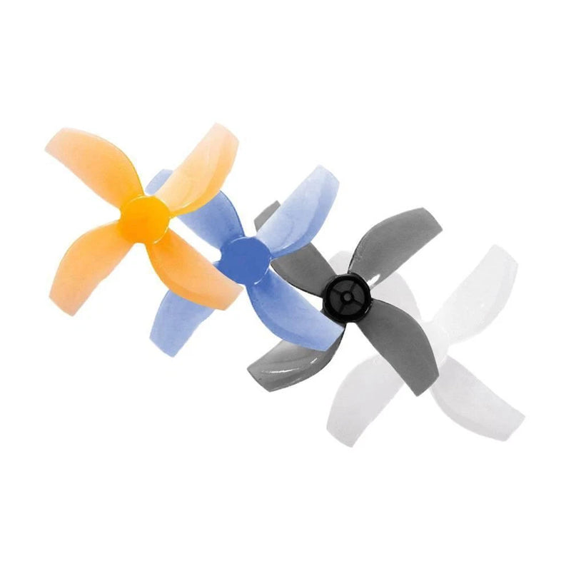 Quad-blade FPV drone propellers, orange, blue, gray, and white blades