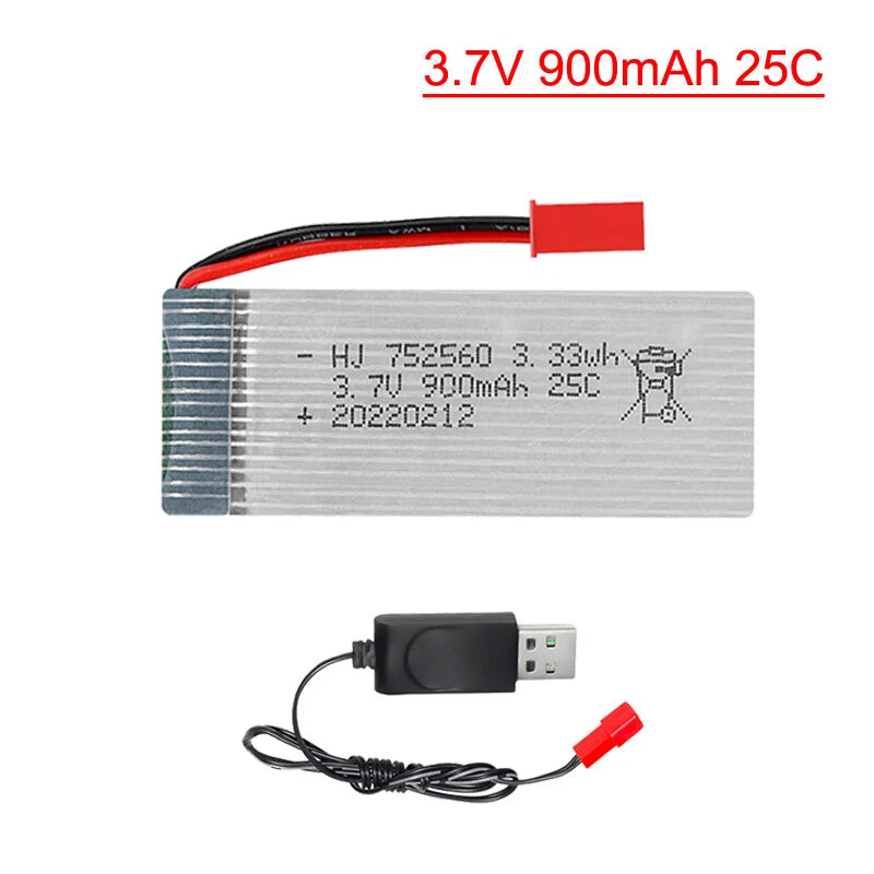 3.7V 900mAh Li-ion drone battery pack with red balance connector and cable