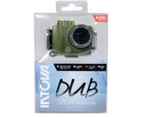 Green waterproof sport action camera with front lens, shown in retail blister packaging