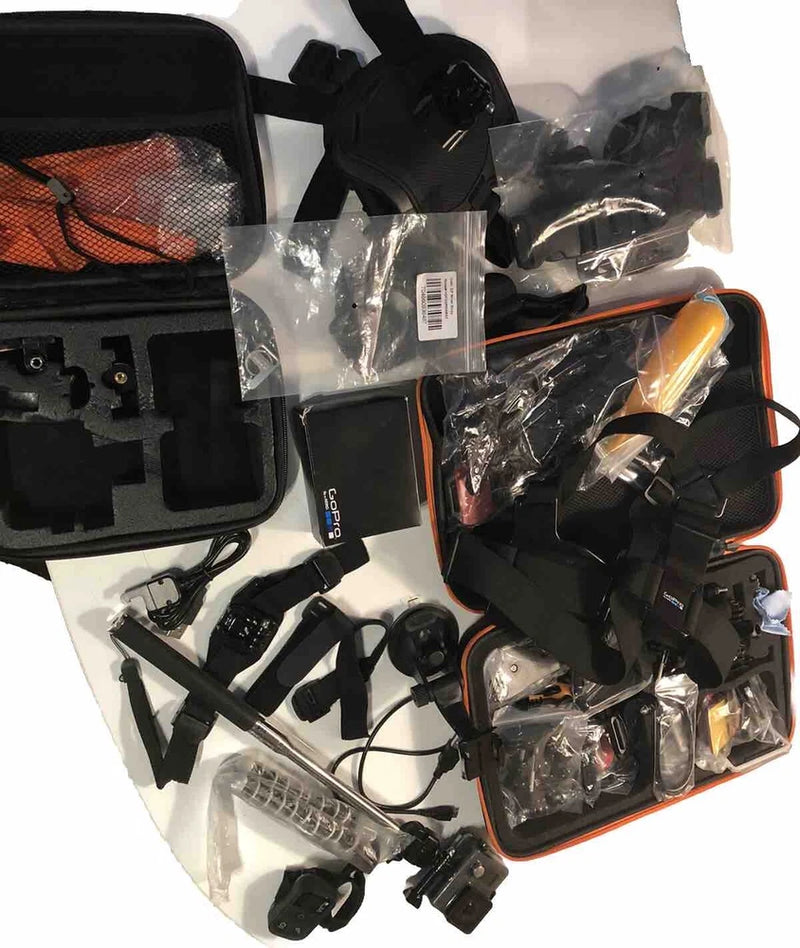 GoPro action camera accessory kit with mounts, straps, and waterproof case