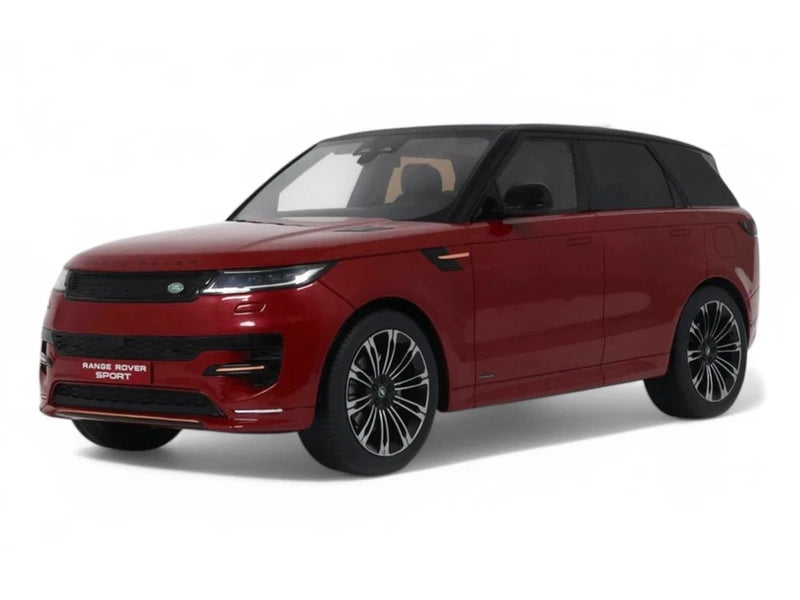 Red 1/18 scale Range Rover Sport model car with black multi-spoke wheels