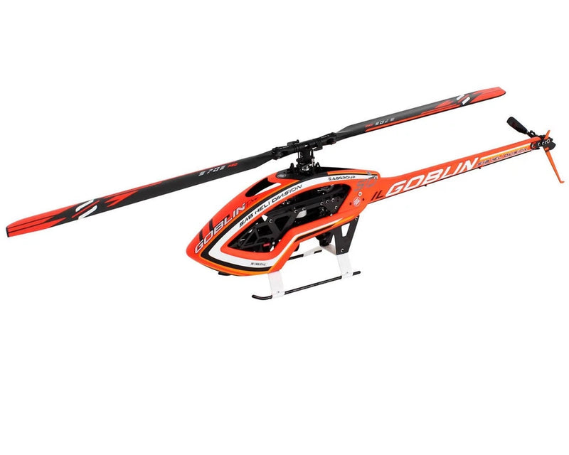 Orange electric helicopter kit with black main rotor and skid landing gear.