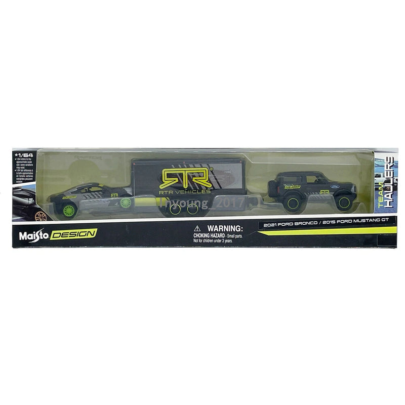 1:64 Ford Bronco with Ford Mustang GT Trailer Model Diecast Toy Vehicle Playset