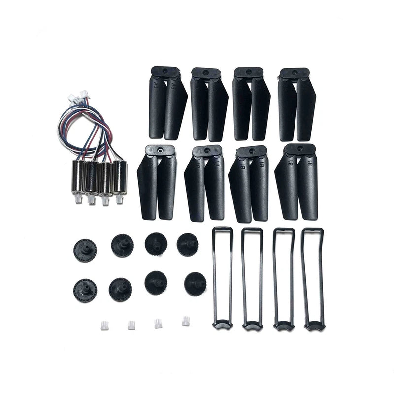 RC quadcopter spare propeller blade set with black blades, motor parts, and screws