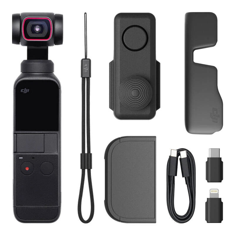 Handheld gimbal stabilizer camera with screen, lens module, and accessories kit