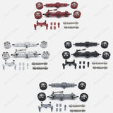 RC car alloy front rear axle bridge set with servo mount and wheel rims, red/black