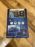 APC4k-1000 4K sports action camera in retail packaging with camera lens and display
