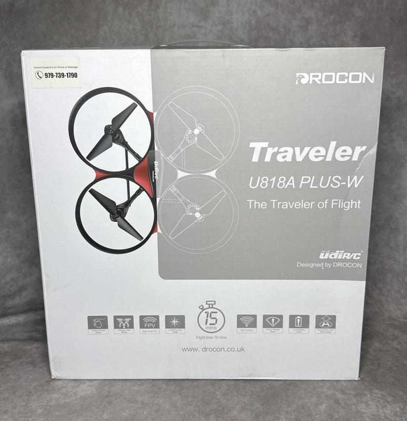 DROCON U818A Plus-W drone box with red propeller drone illustrations