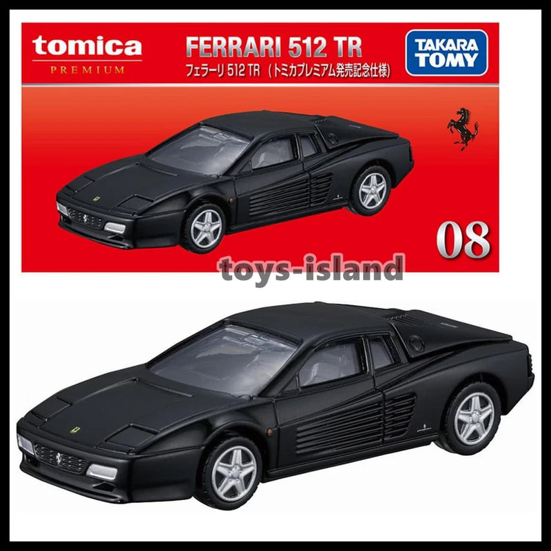 TOMICA PREMIUM black Ferrari 512 TR die-cast sports car, front three-quarter view