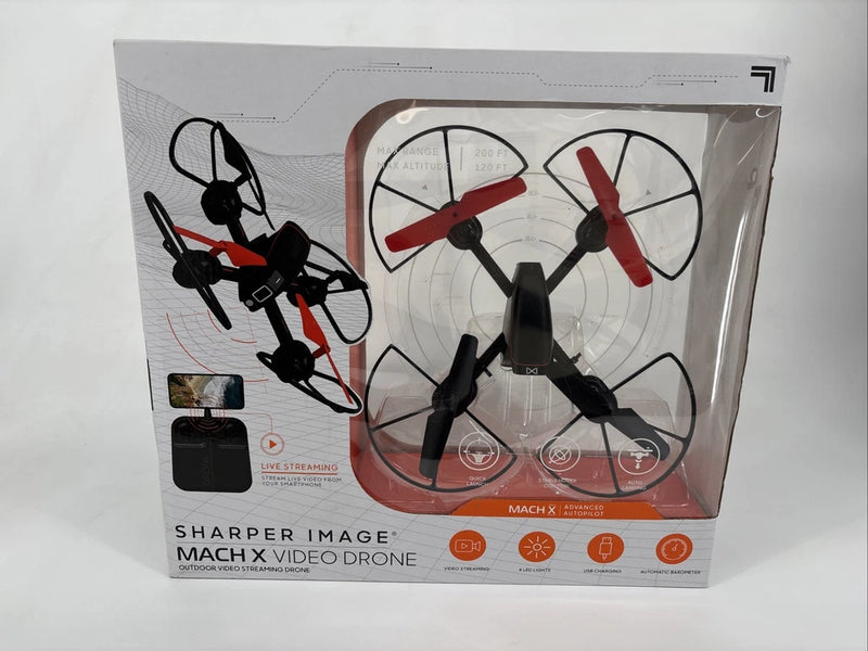 Sharper Image Mach X video drone retail box with quadcopter and camera