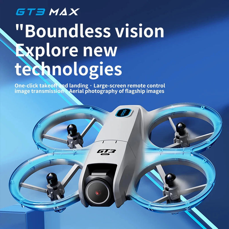 White mini quadcopter drone with four arms, blue prop guards, and front camera