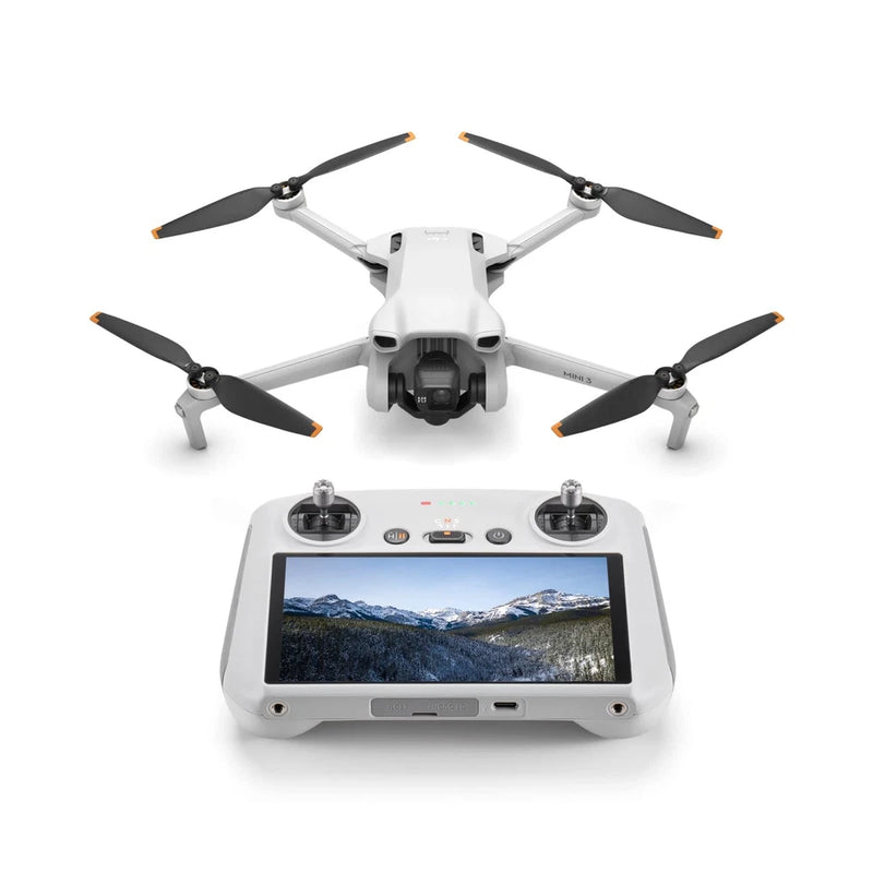 Foldable white quadcopter drone with propellers and remote controller with screen