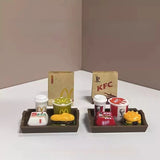 Miniature fast-food display toy with two trays, burger boxes, drinks, and fries