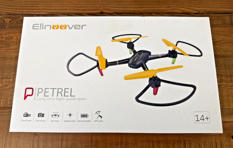 Elinover Petrel drone quadcopter with camera shown on product box